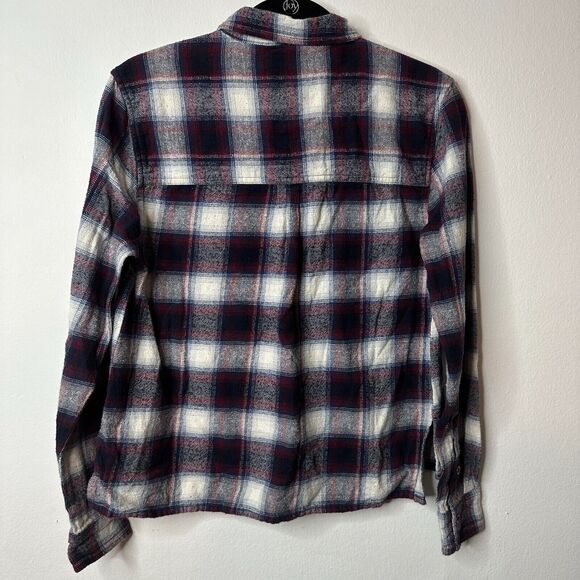 Black Red Blue White Plaid Cropped Long Sleeve Flannel Button Down Shirt M - Picture 2 of 11